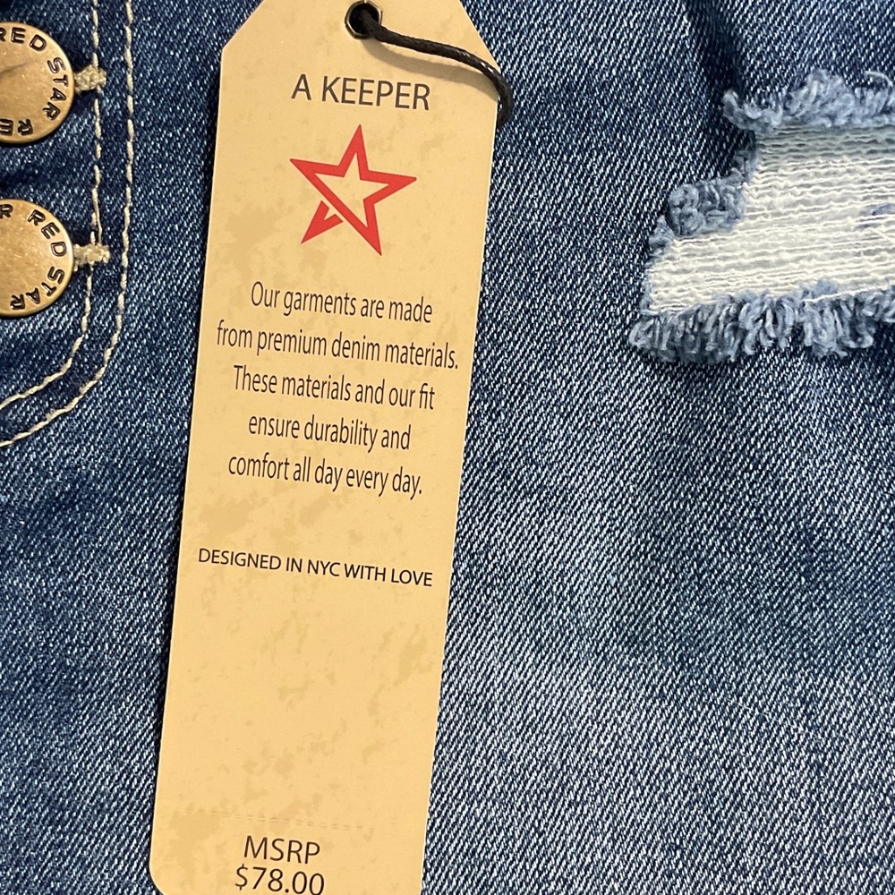 Red Star Button-Front Medium Blue Distressed Denim Mini Skirt Size 2 - Picture 11 of 16